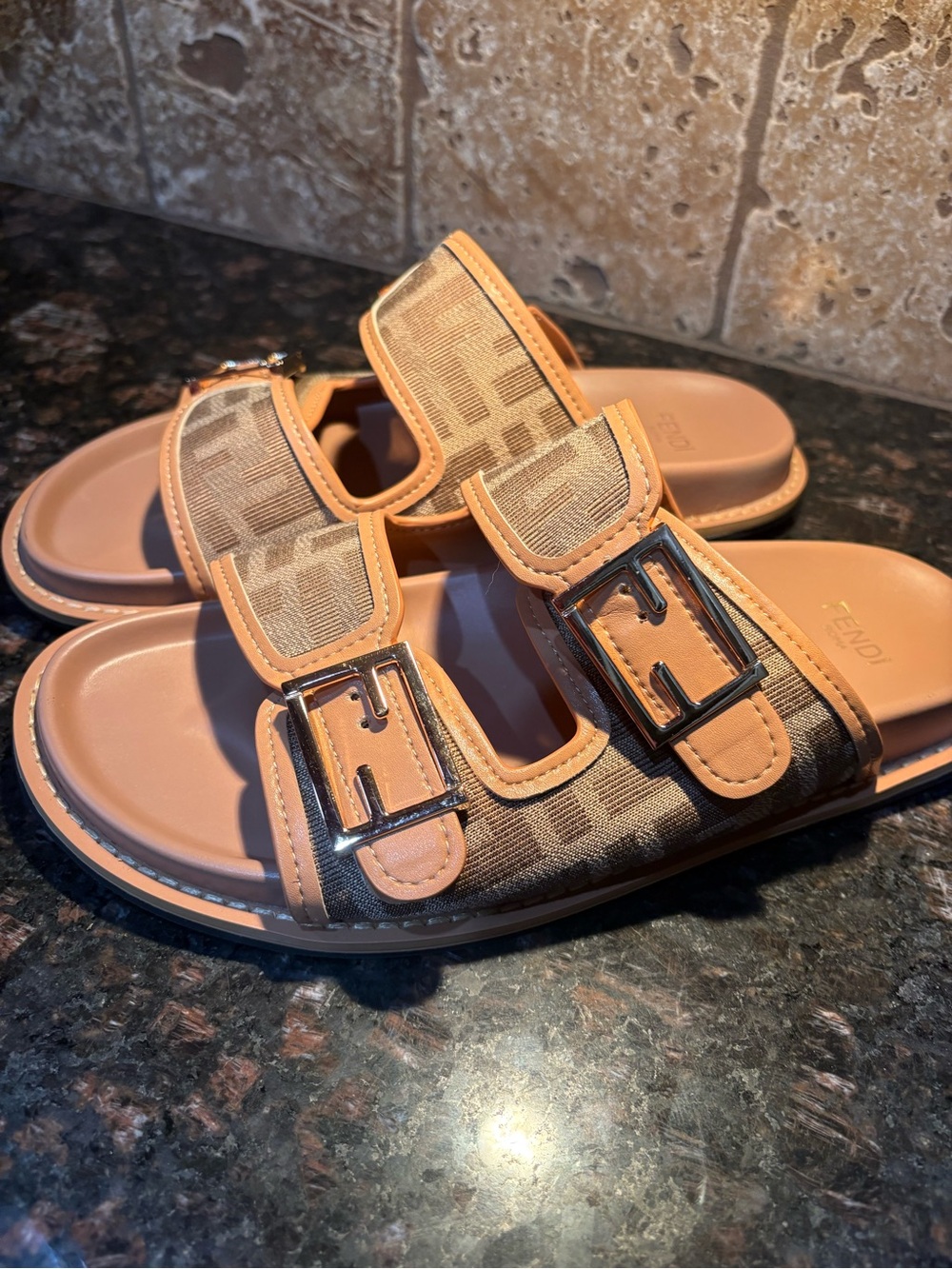 Fendi Tan & Brown FF Logo Double-Strap Slide Sandals